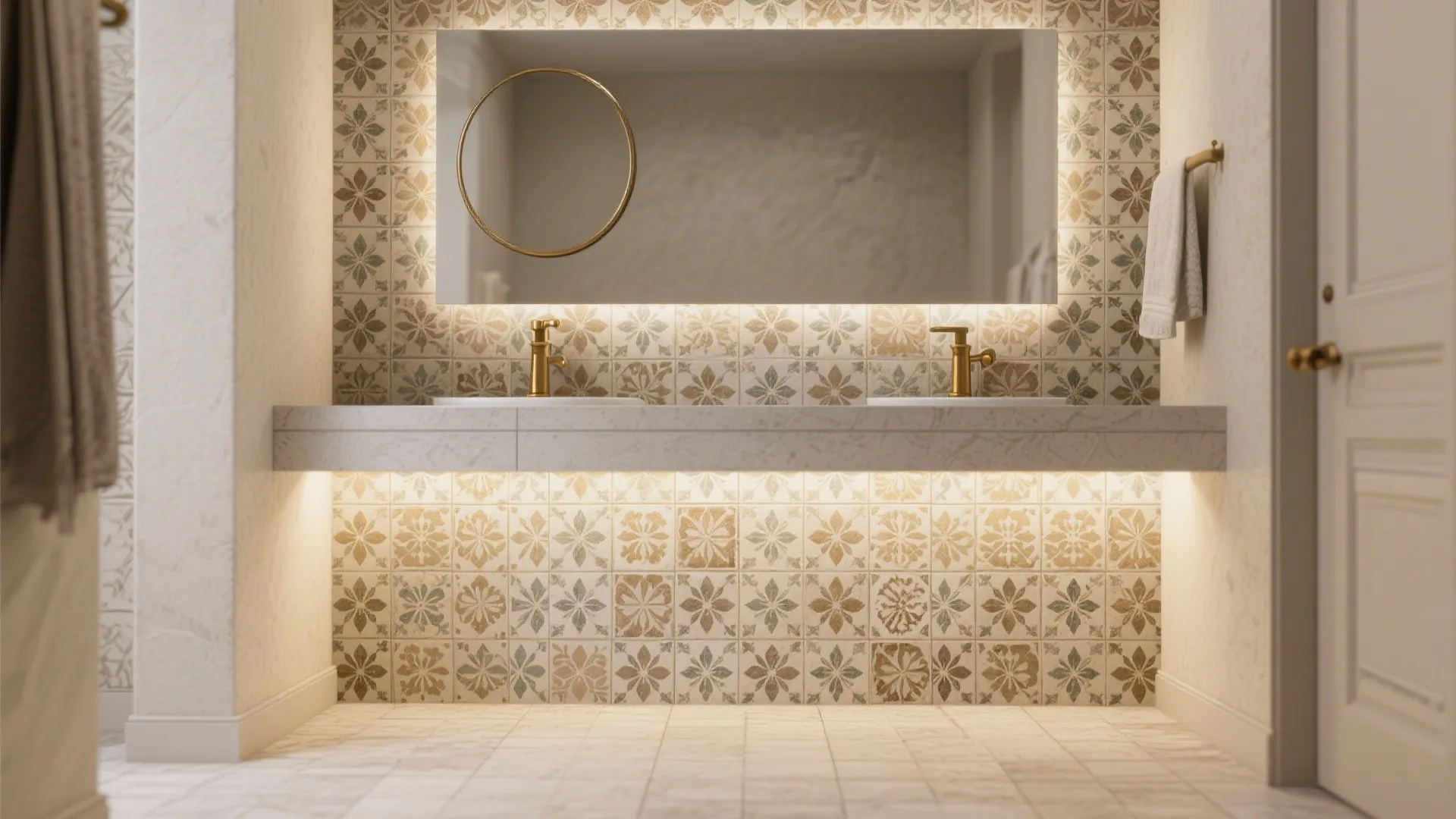 Vanity accent zone with patterned encaustic-look tiles framed by neutral floor tiles.