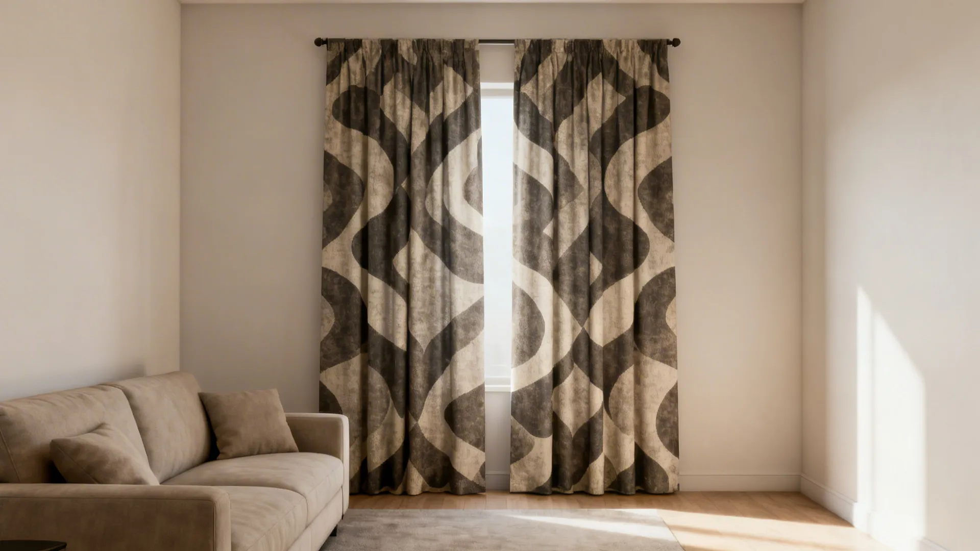 Small modern living room with one pair of bold patterned curtain panels as an accent against a neutral background.