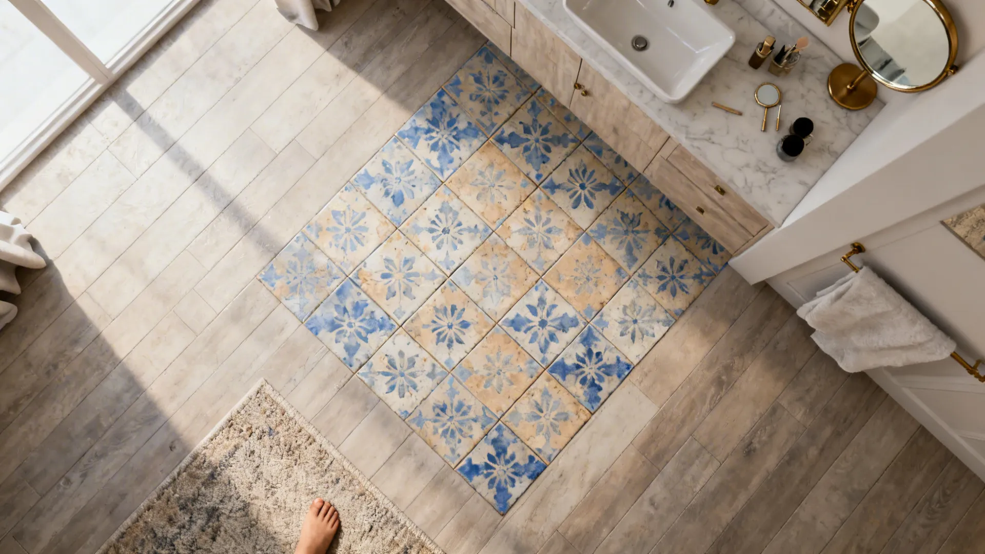Top-down view of an accent zone with patterned vinyl tiles contrasted with neutral planks