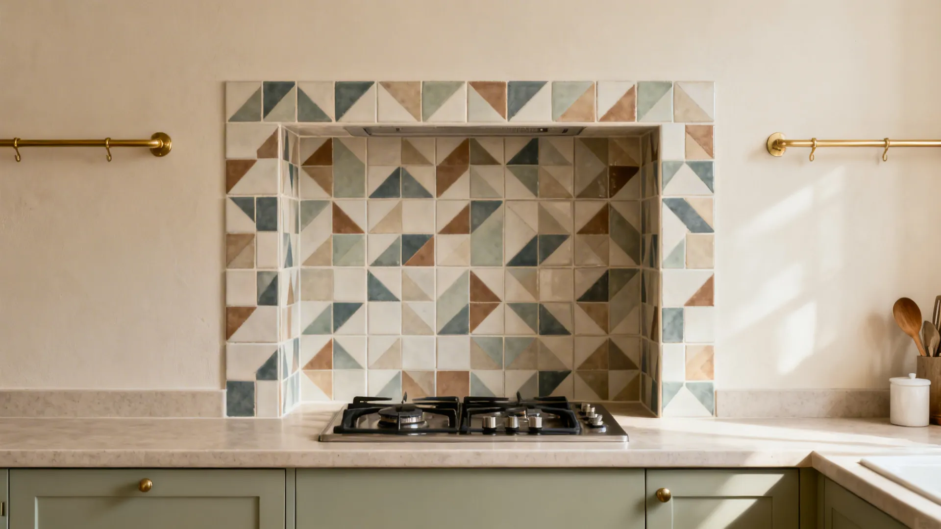 Geometric porcelain tile accent framing a compact range niche with a quiet countertop.