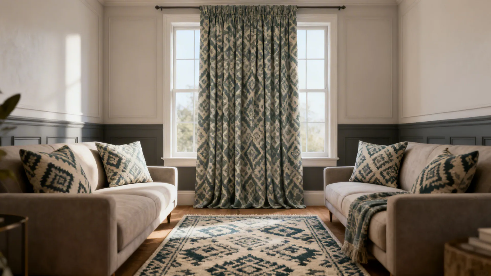 Small living room with a single muted-pattern curtain panel tying cushions and rug together