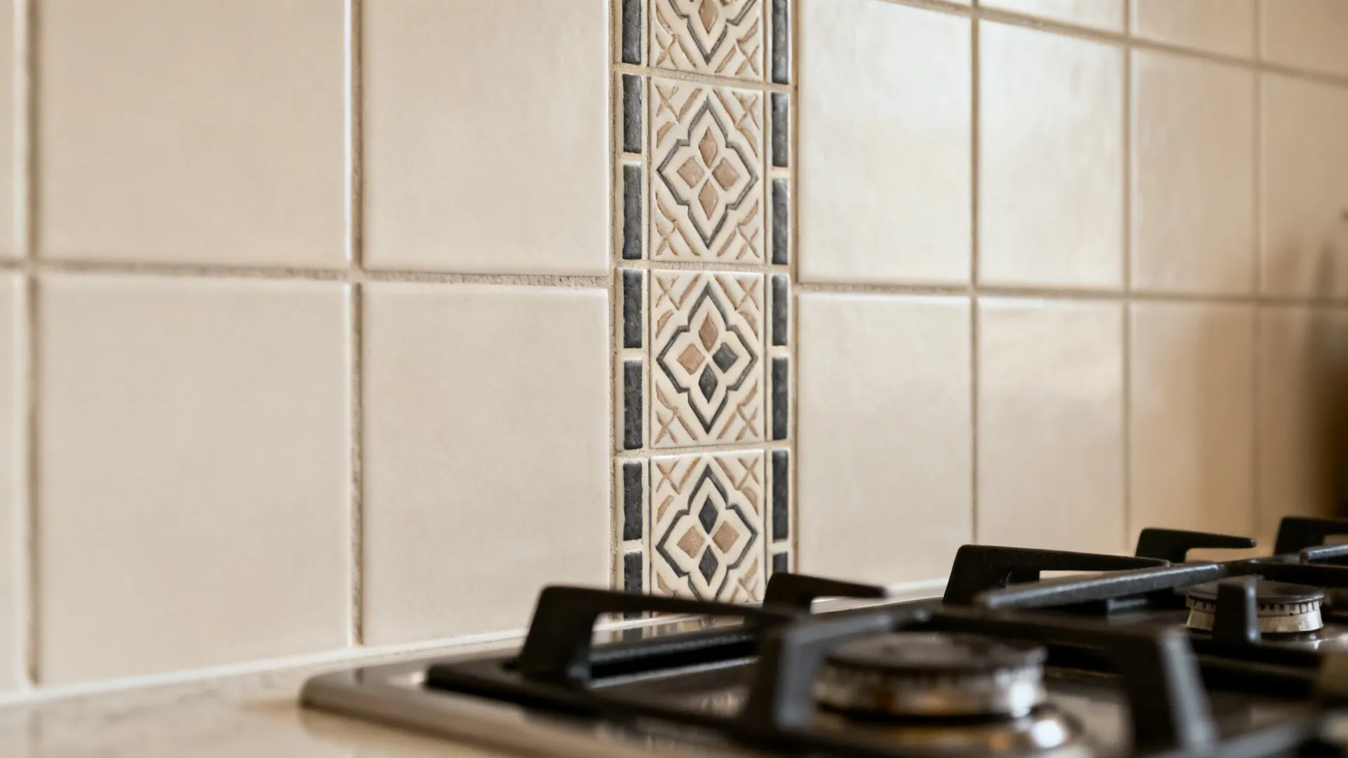 Narrow geometric patterned tile strip behind a cooktop with neutral field tiles.