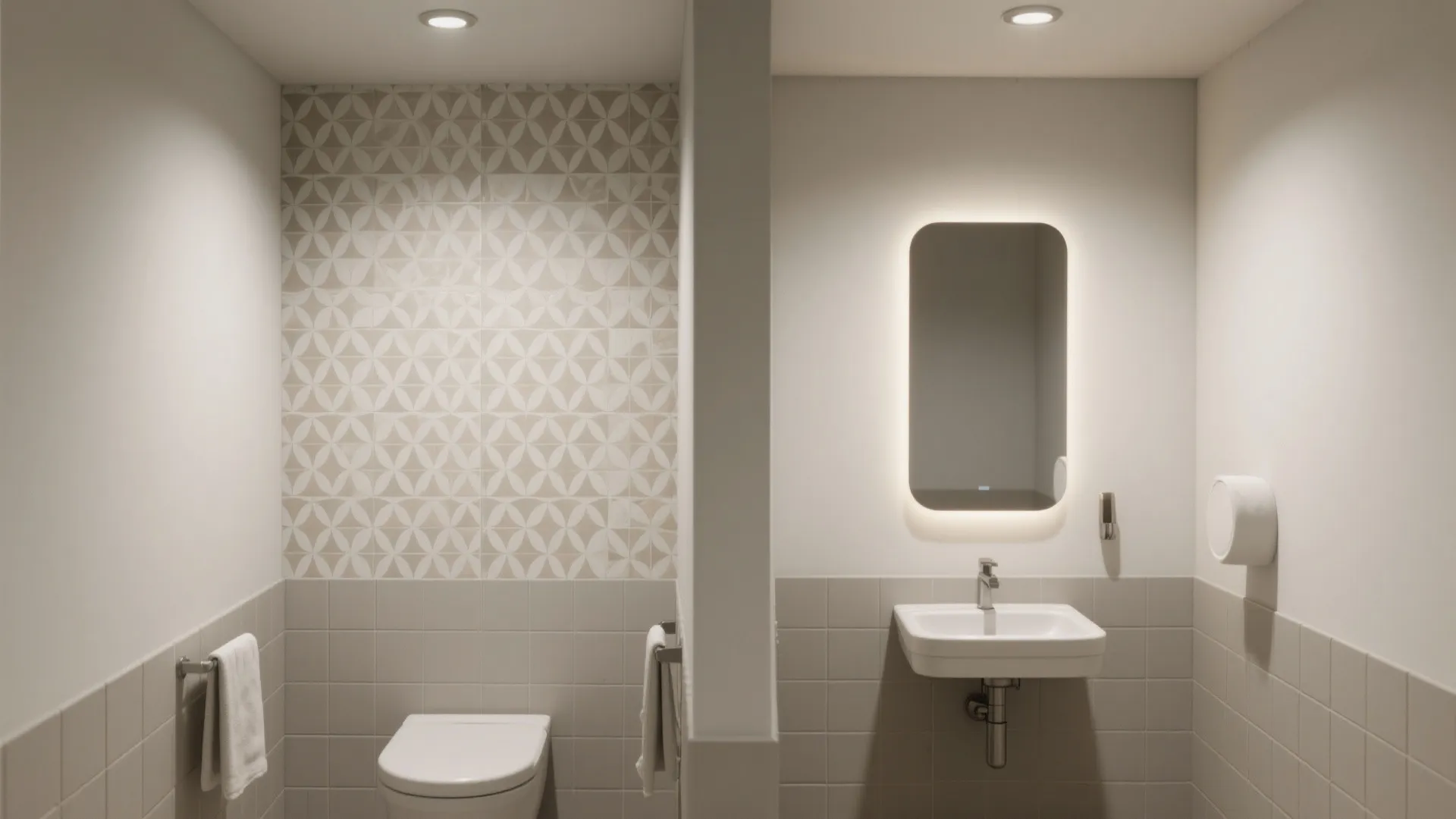 Powder room with a single geometric accent wall and neutral surrounding walls for balanced impact.