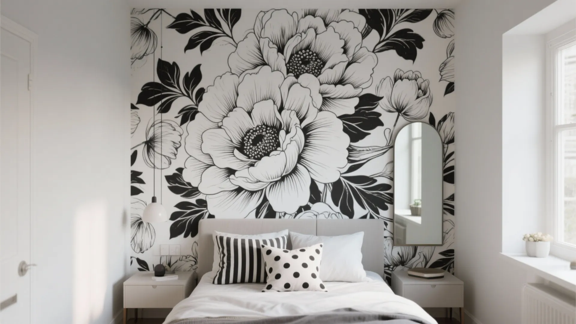 Small bedroom with a single large-scale black-and-white floral accent wall and mixed graphic textiles.