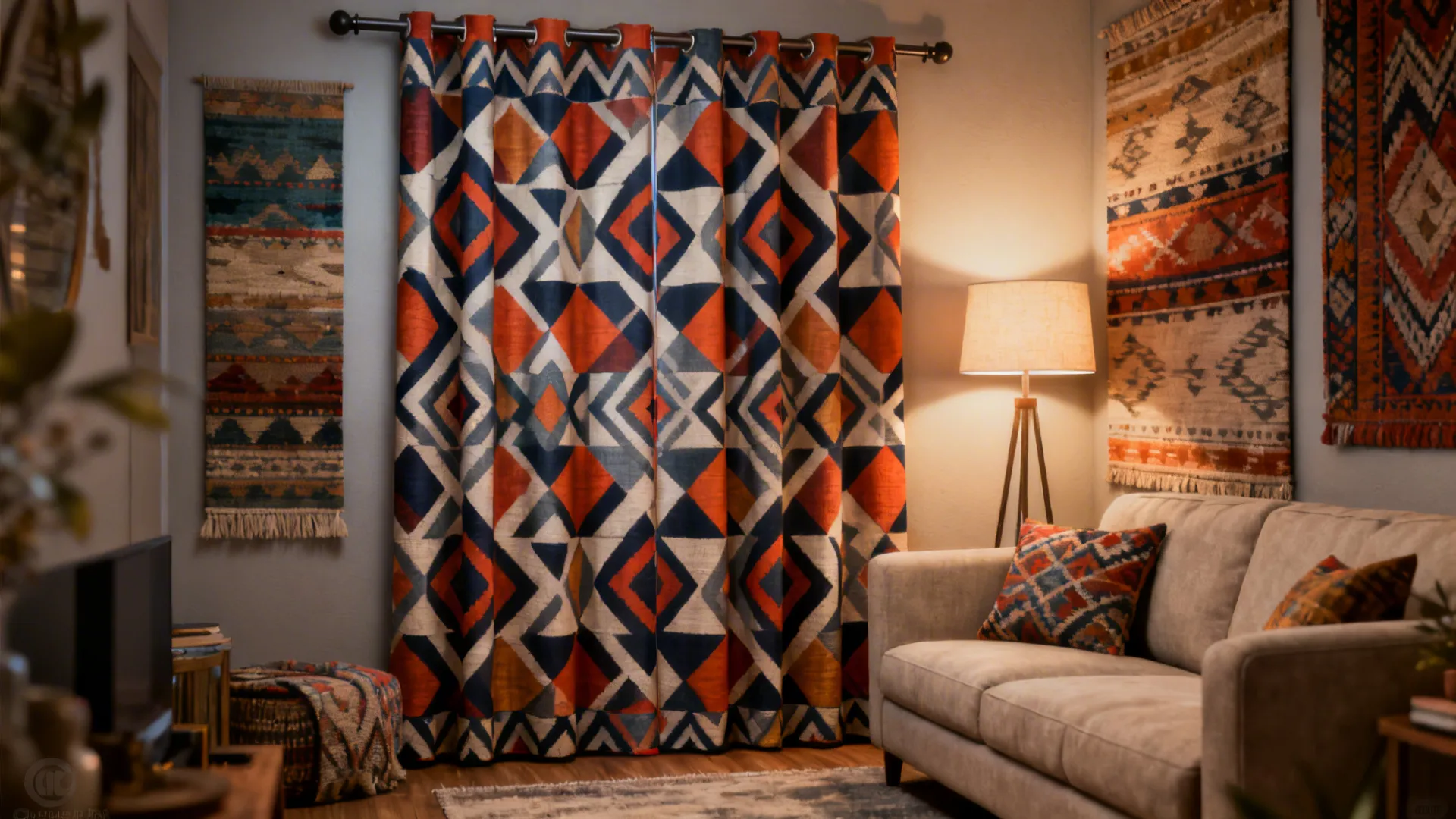 Small living room with a bold geometric rod pocket curtain acting as an accent wall