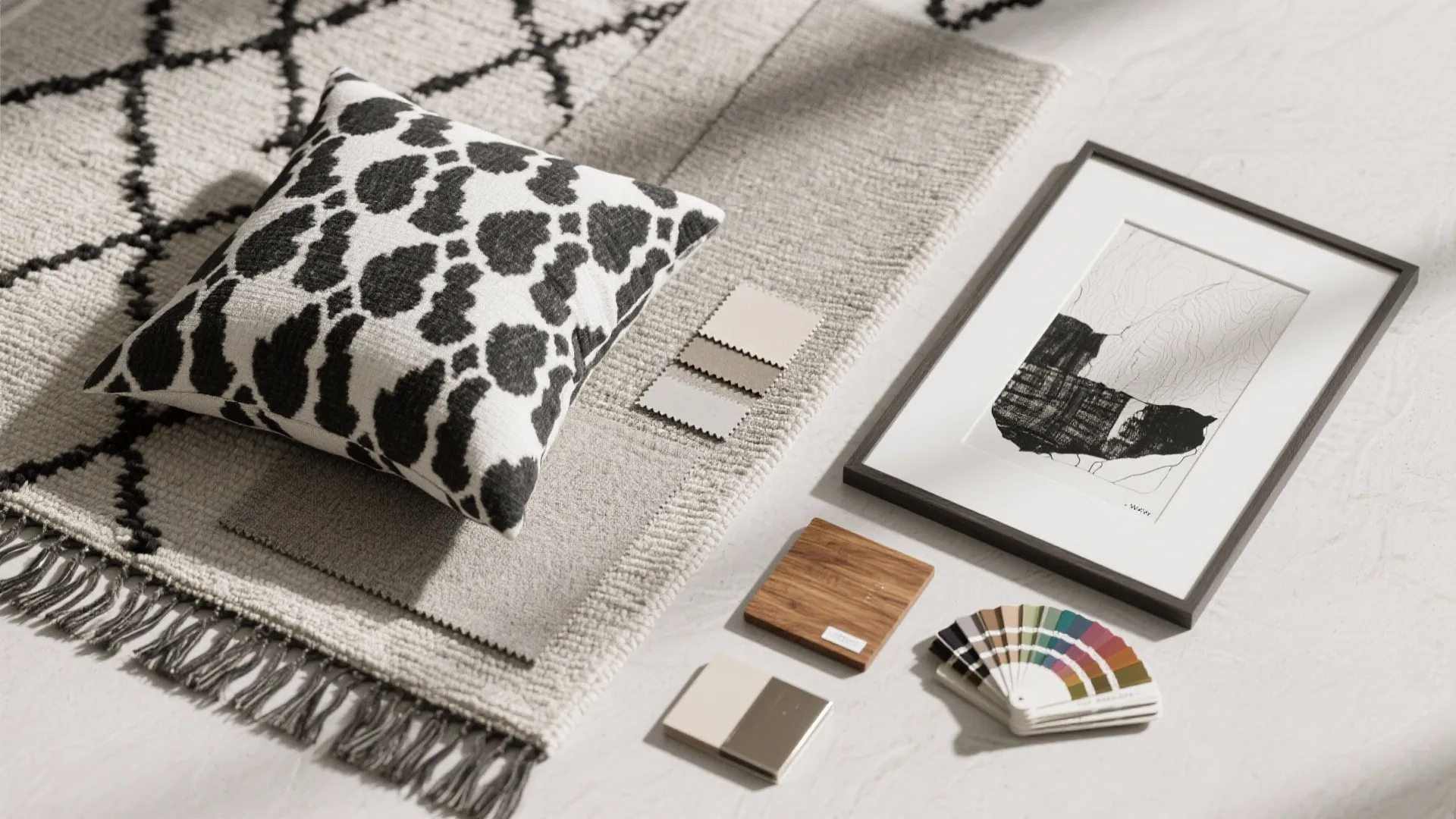 Interior design mood board with animal print pillow color samples wood tiles and framed art