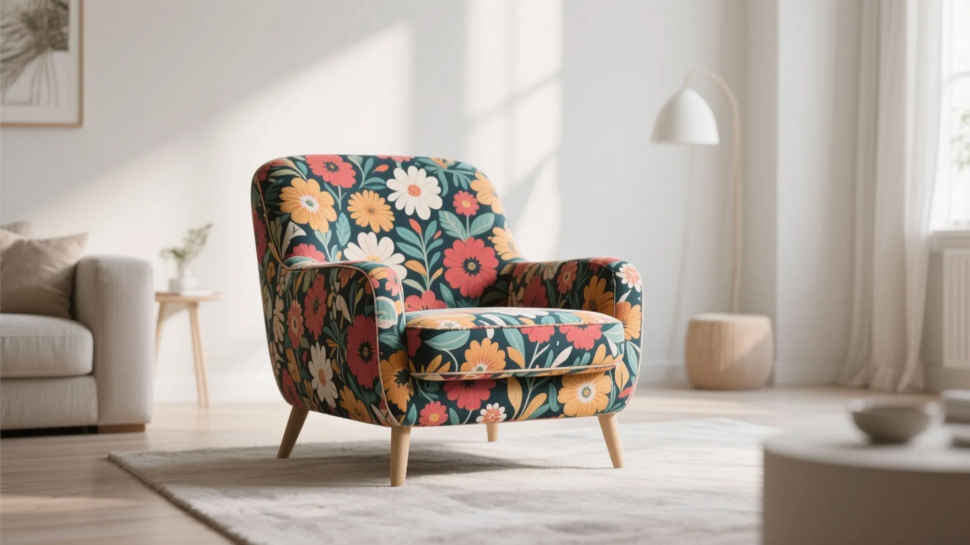 Floral-pattern armchair in a minimal Scandinavian living room