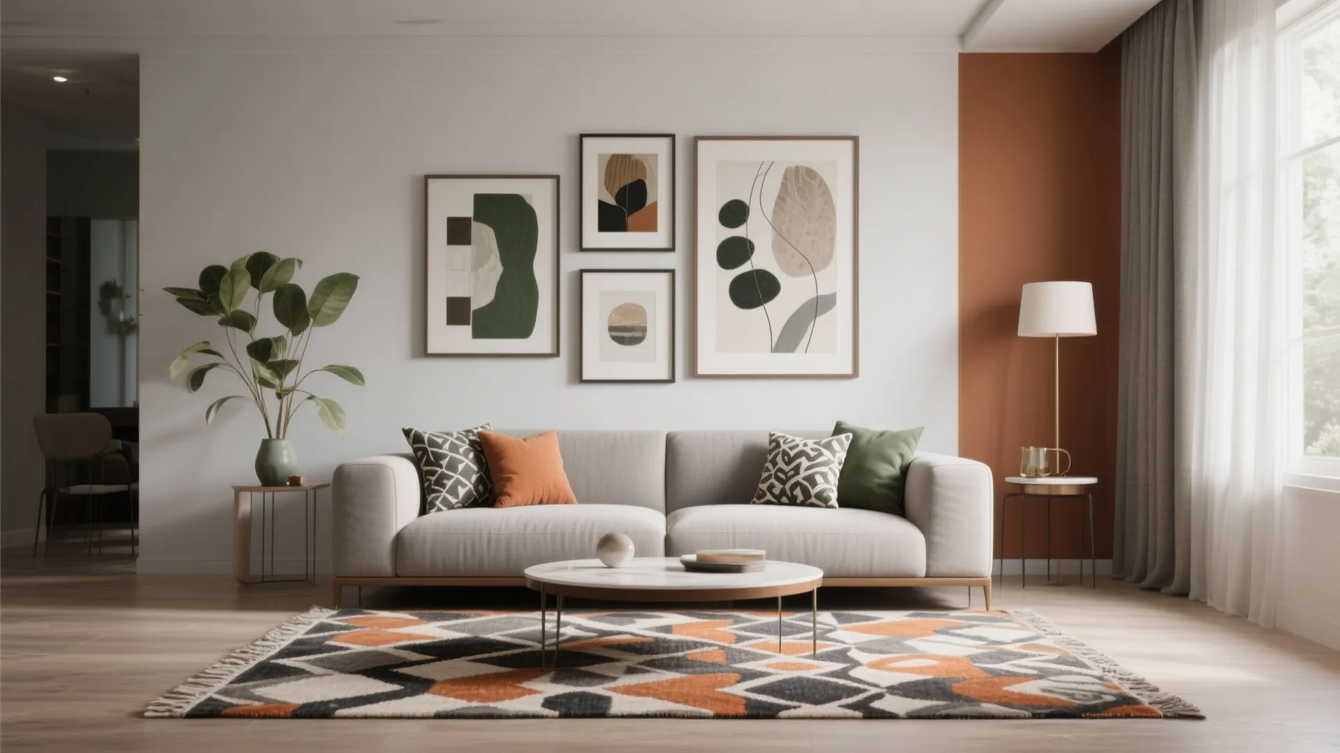 Living room focal wall with artwork and patterned rug anchoring olive and grey palette with terracotta accents.