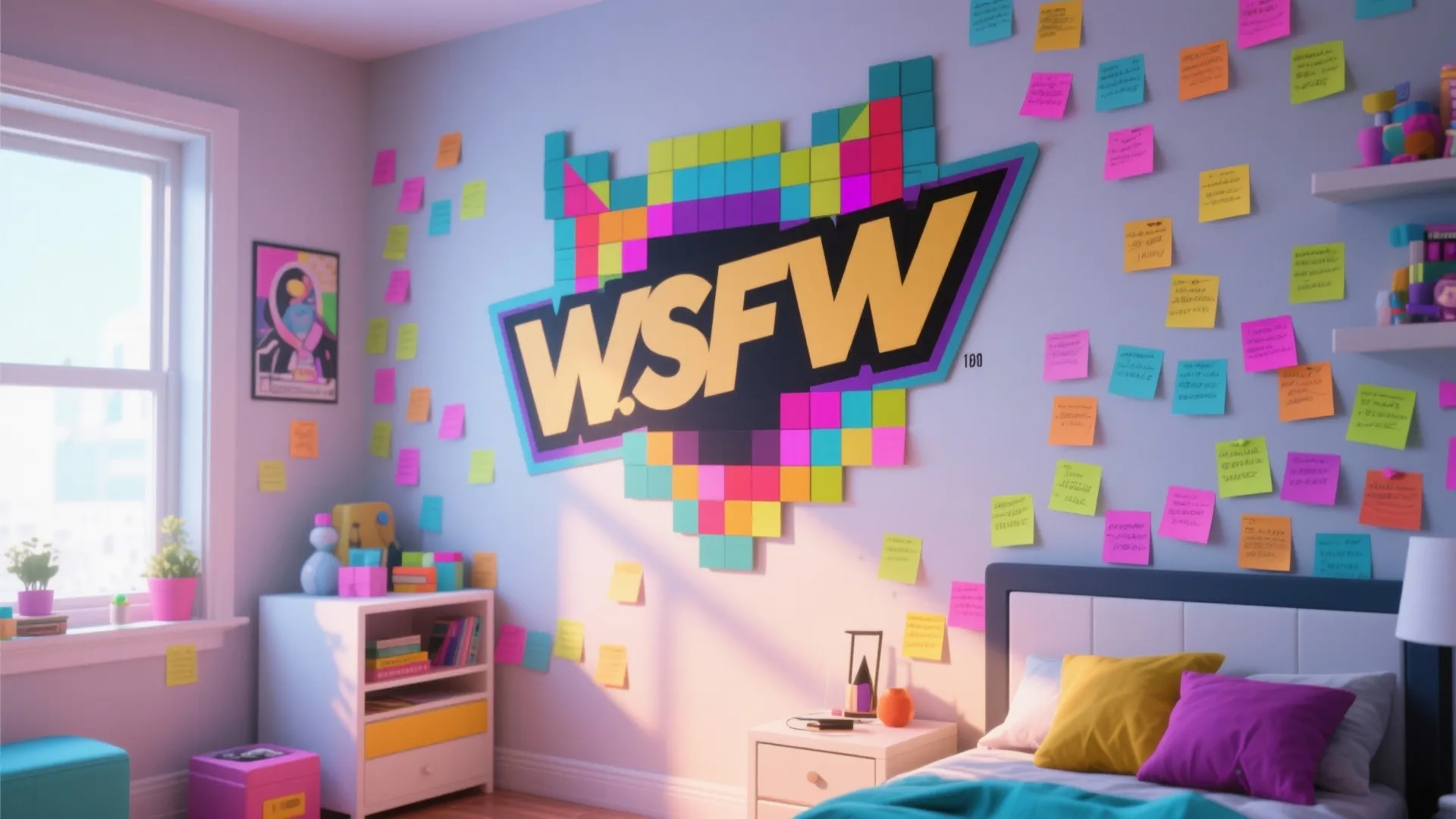 Creative bedroom wall featuring colorful sticky notes arranged in a pixel art style forming large letters