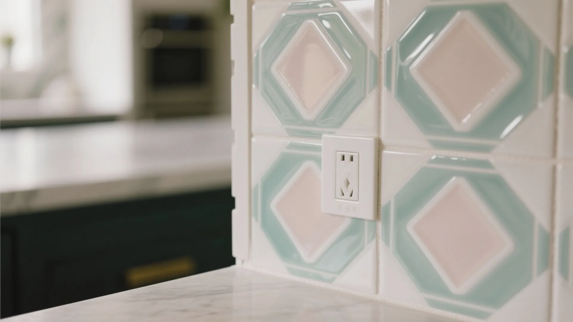 Close up of wall tiles with green and pink diamond patterns and a white outlet