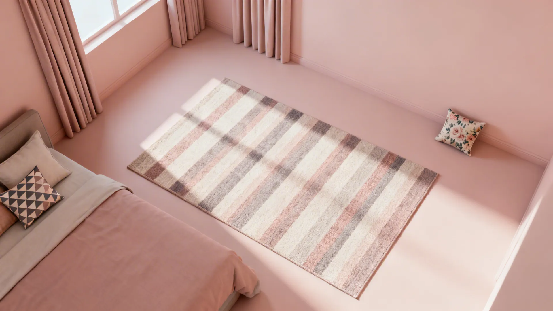Top-down pattern plan with striped rug anchor and small-scale accents for a blush room.
