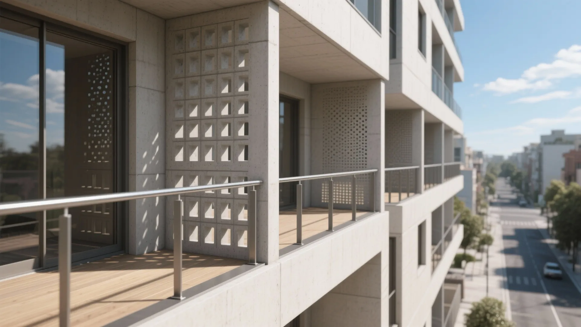Modern apartment balcony with patterned wall panels wood floor metal railing and city street view