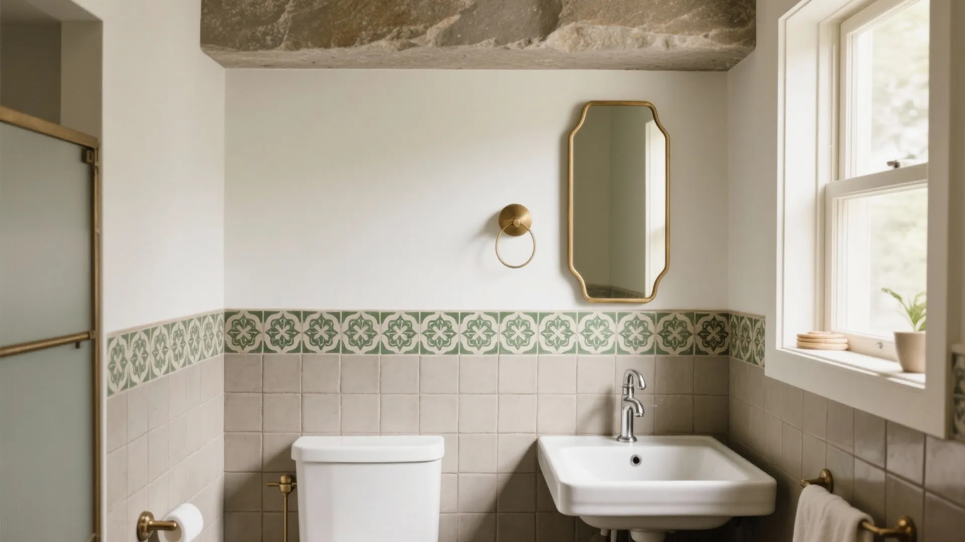 Small bathroom with a patterned mid-height tile band, stone slab cap, and a crisp painted upper wall.