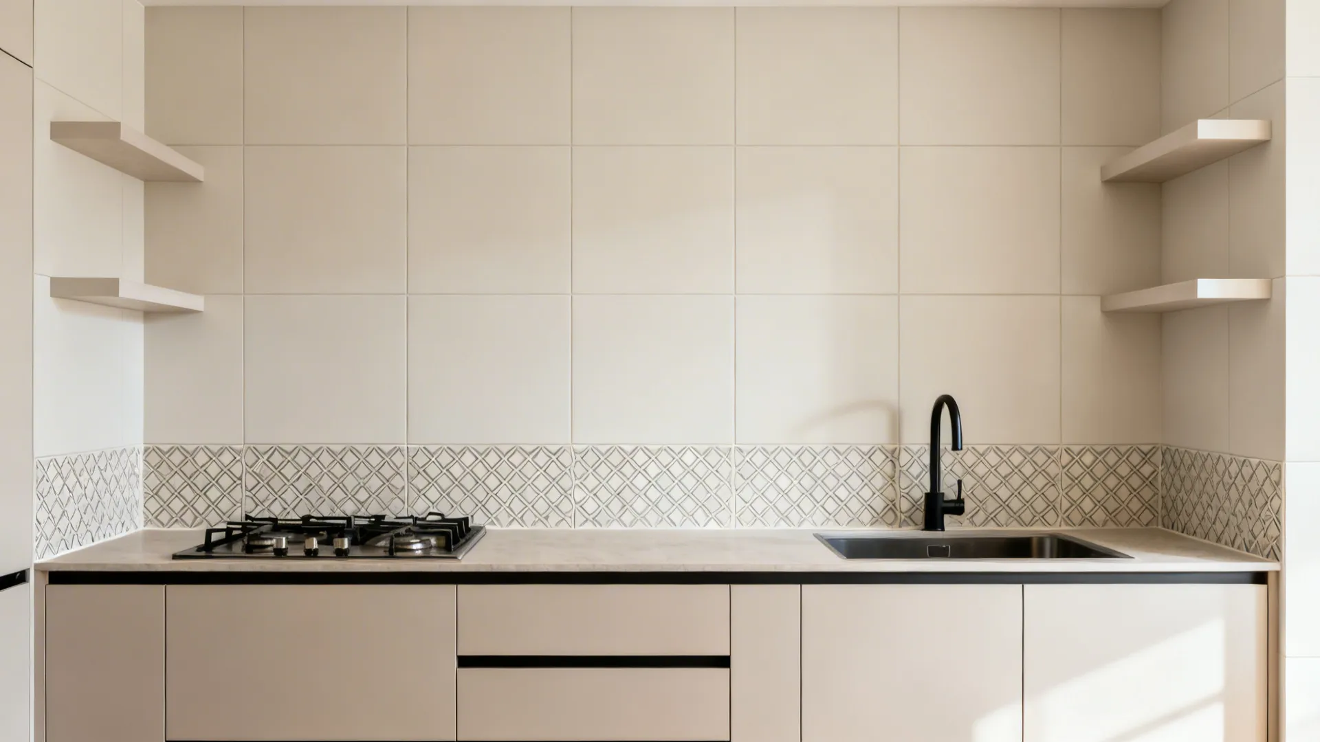 Modern kitchen wall with beige tiles, patterned border, black faucet, metal sink, and floating shelves