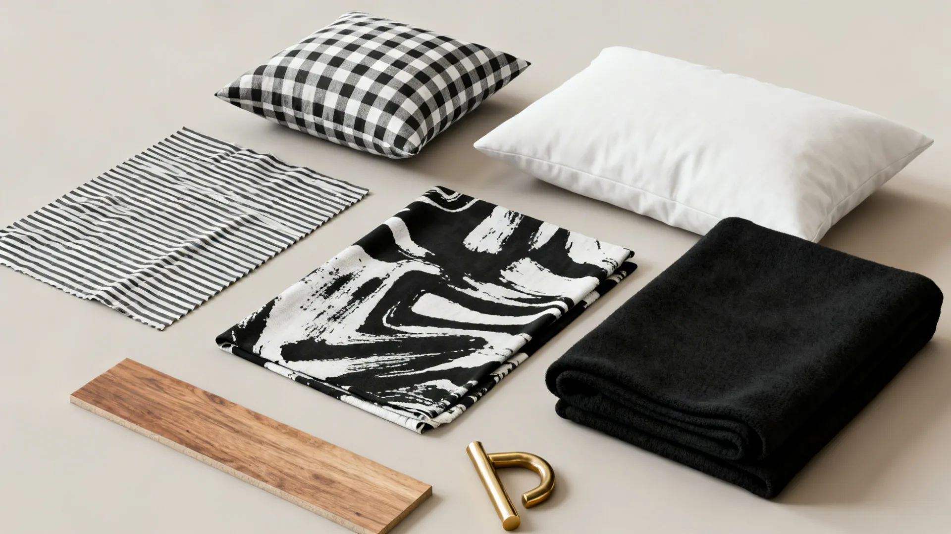 Flat lay of bedroom pillows, patterned fabrics, black blanket, wood panel and gold door handle