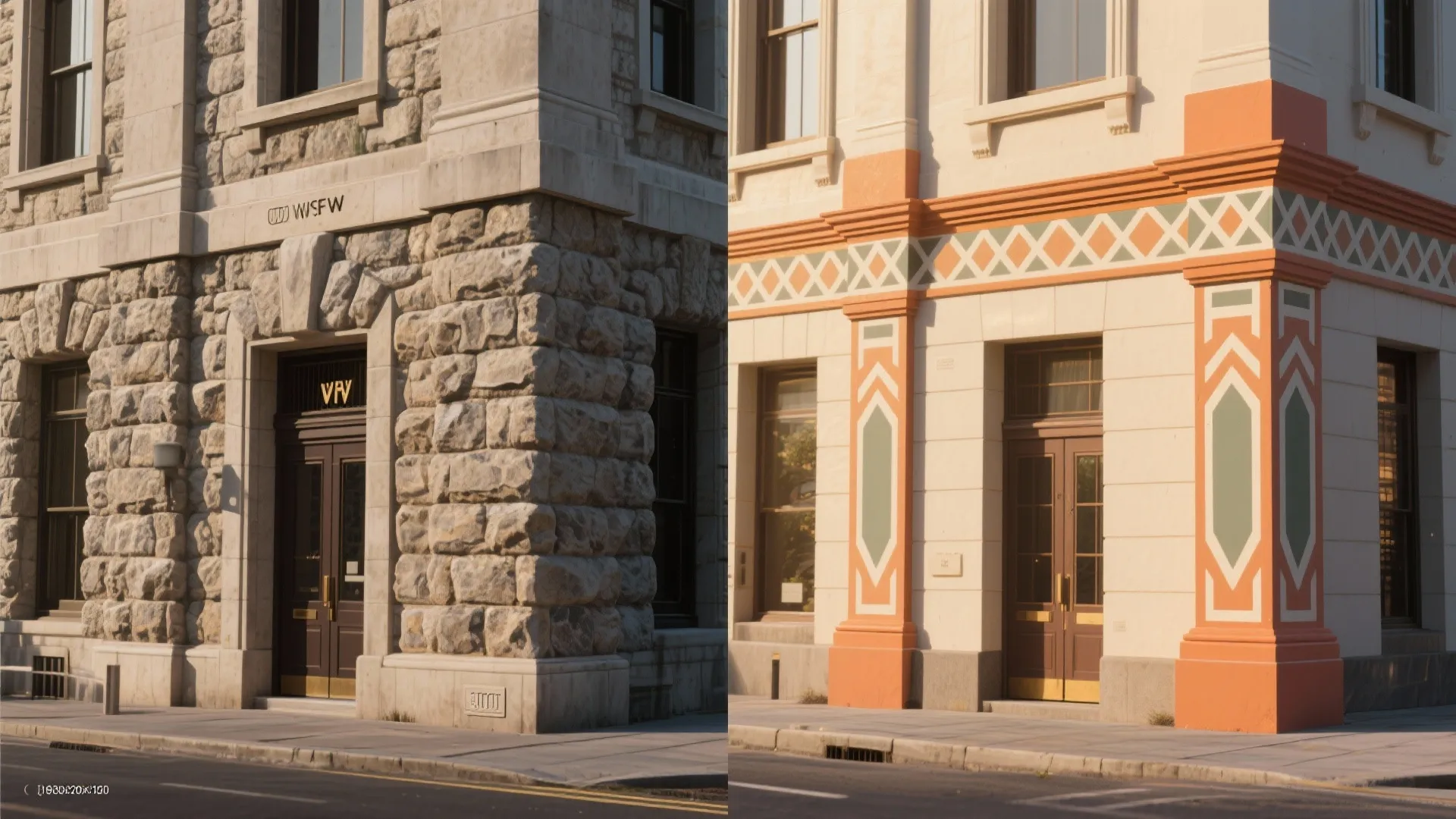Before and after comparison of a stone building wall versus a colorful painted wall pattern