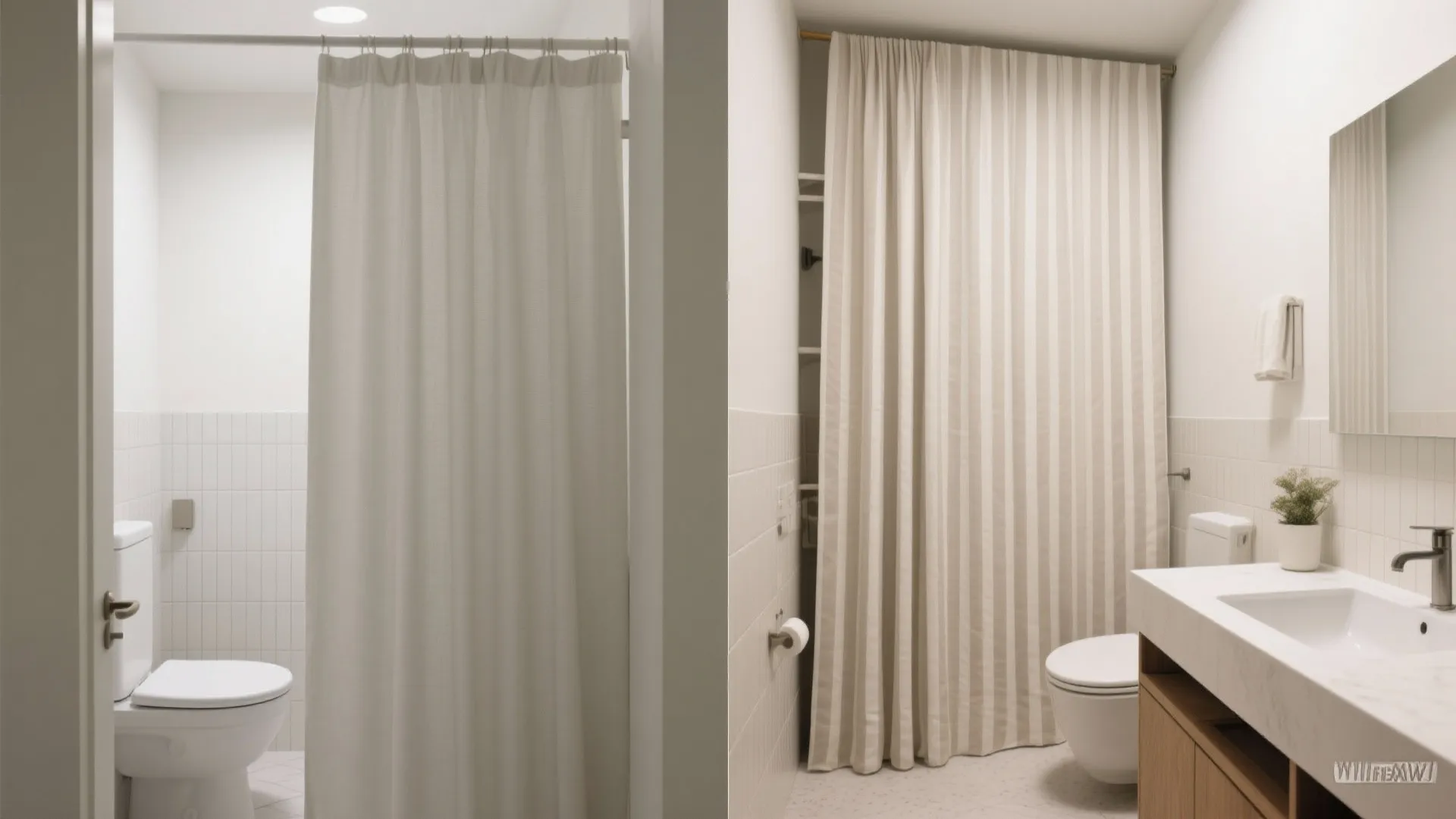Before-and-after comparison showing plain curtain versus vertical stripe curtain in the same small bathroom.