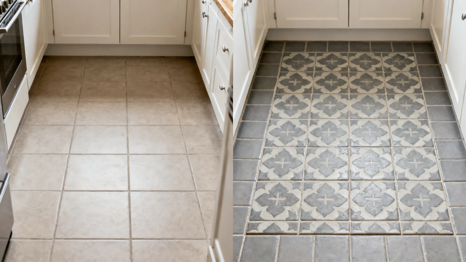 Before-and-after view showing a plain floor transformed by an encaustic-style patterned tile rug.
