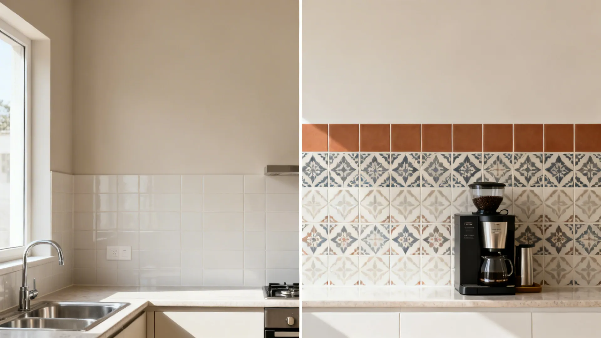 Split view showing a plain backsplash before and a patterned color-blocked backsplash after.