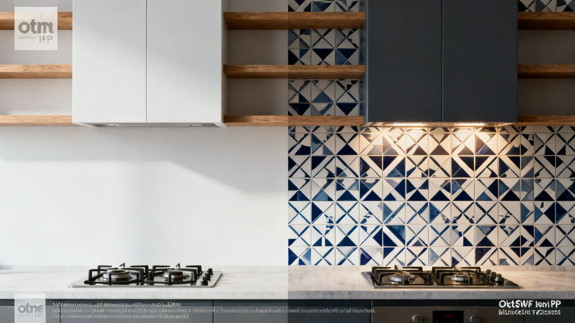 Before-and-after showing plain backsplash transformed with bold patterned tiles.