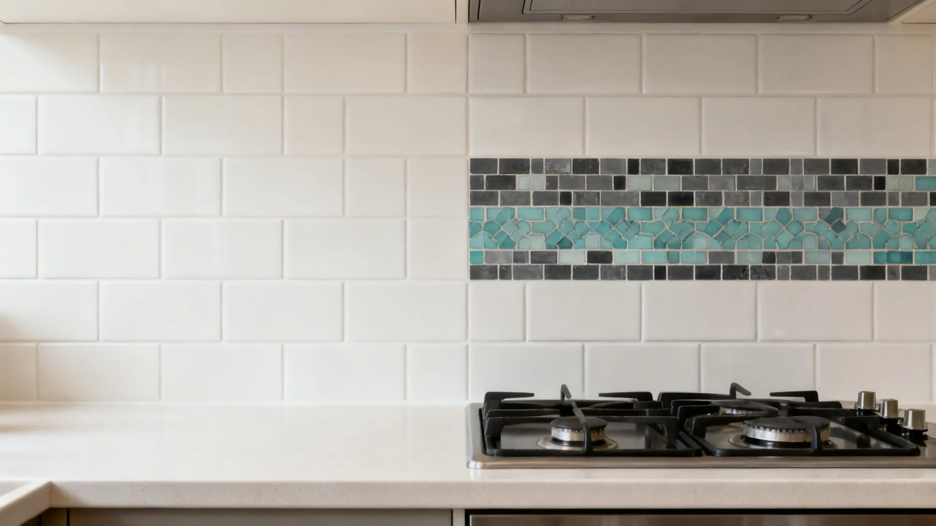 Before-and-after backsplash showing a new patterned strip enhancing a small kitchen.