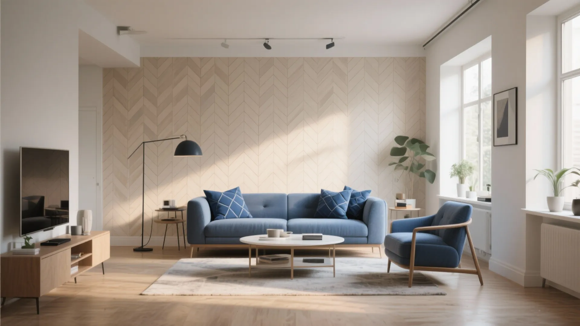 Modern living room with blue sofa blue armchair wood floor and wall panel with pattern design