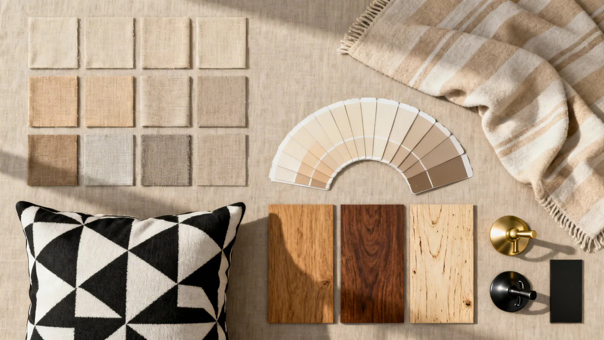 Top-down flatlay of beige swatches, patterned pillows and paint chips showing different undertones.
