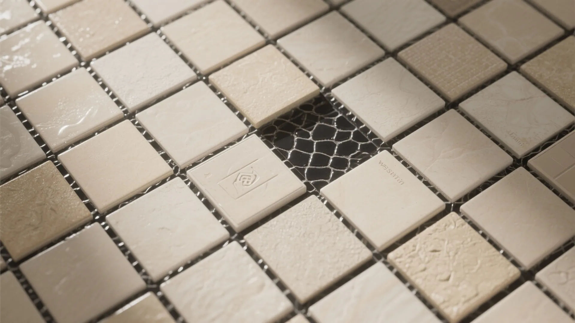 3. Pattern play: beige tiles with black grout