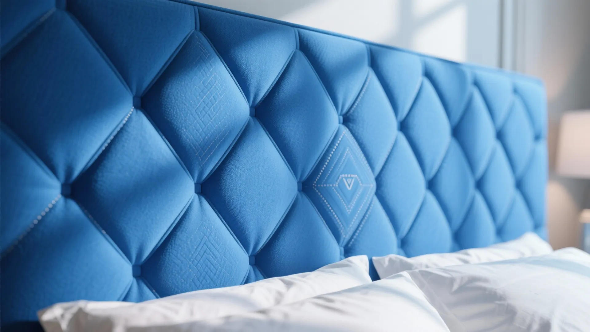 Close-up of geometric stitched pattern on royal blue headboard