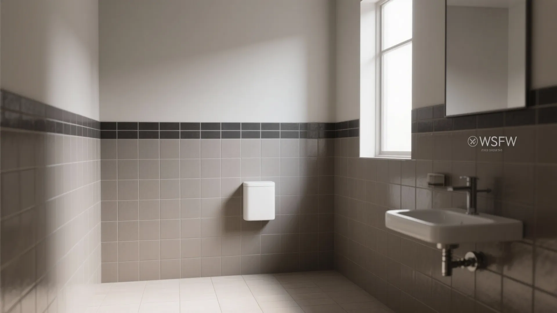 Empty bathroom interior with grey wall tiles dark border window sink and small white wall cabinet