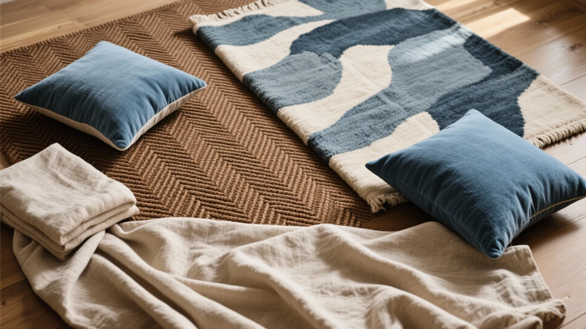 Brown herringbone rug with blue patterned rug two blue cushions and beige blanket on floor