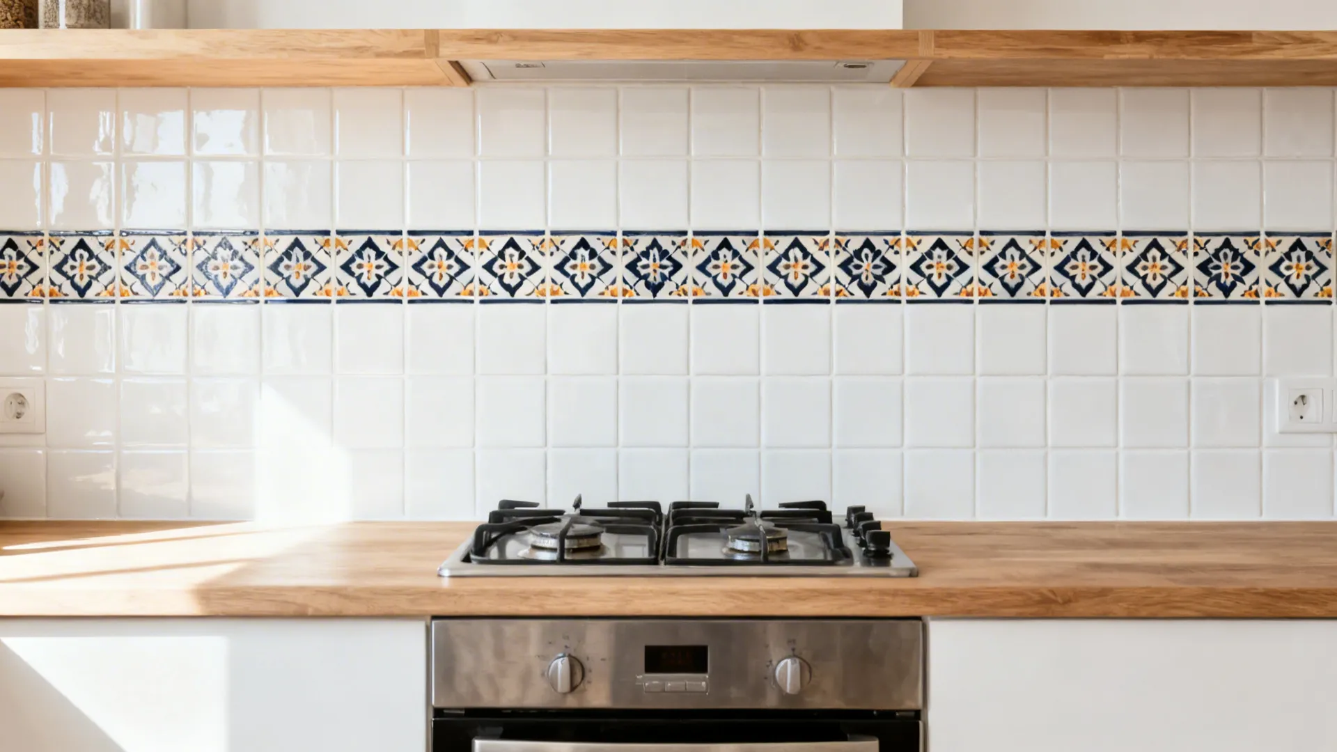 White backsplash with a narrow hand-painted ceramic tile band above a compact stove.