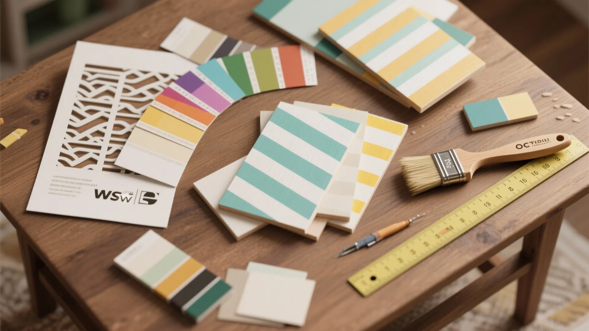 Wooden table with color swatches paint brush ruler and patterned tiles for interior design planning