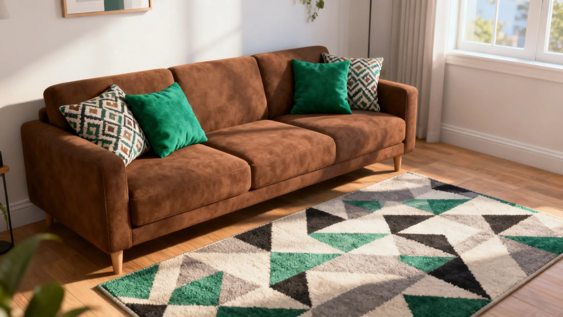 Brown sofa with green and patterned pillows on a geometric rug in a bright room