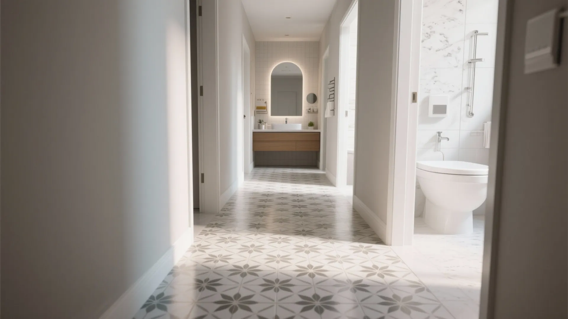 Bright hallway featuring patterned floor tiles leading towards a modern bathroom with lighted wall mirror