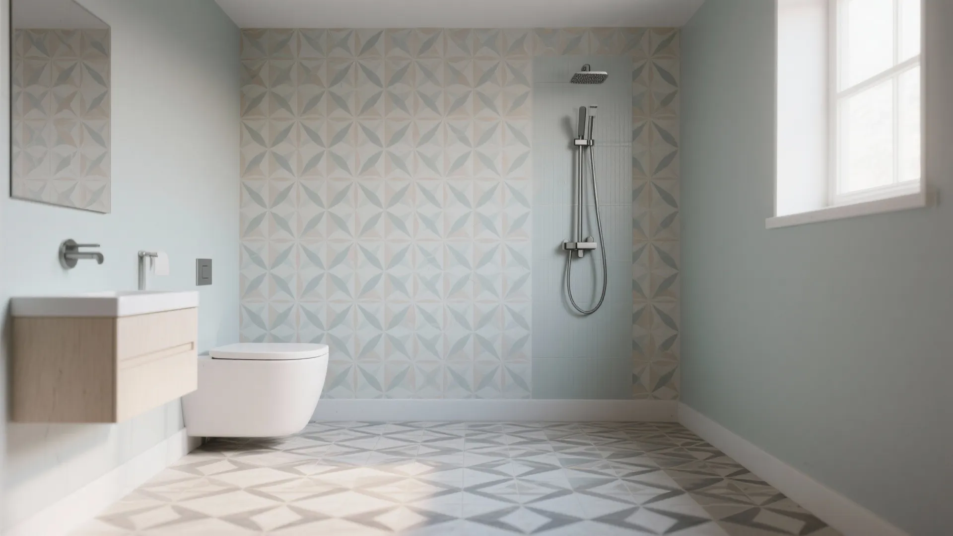 5. Painted patterns and floor-to-wall continuity with durable bathroom finishes
