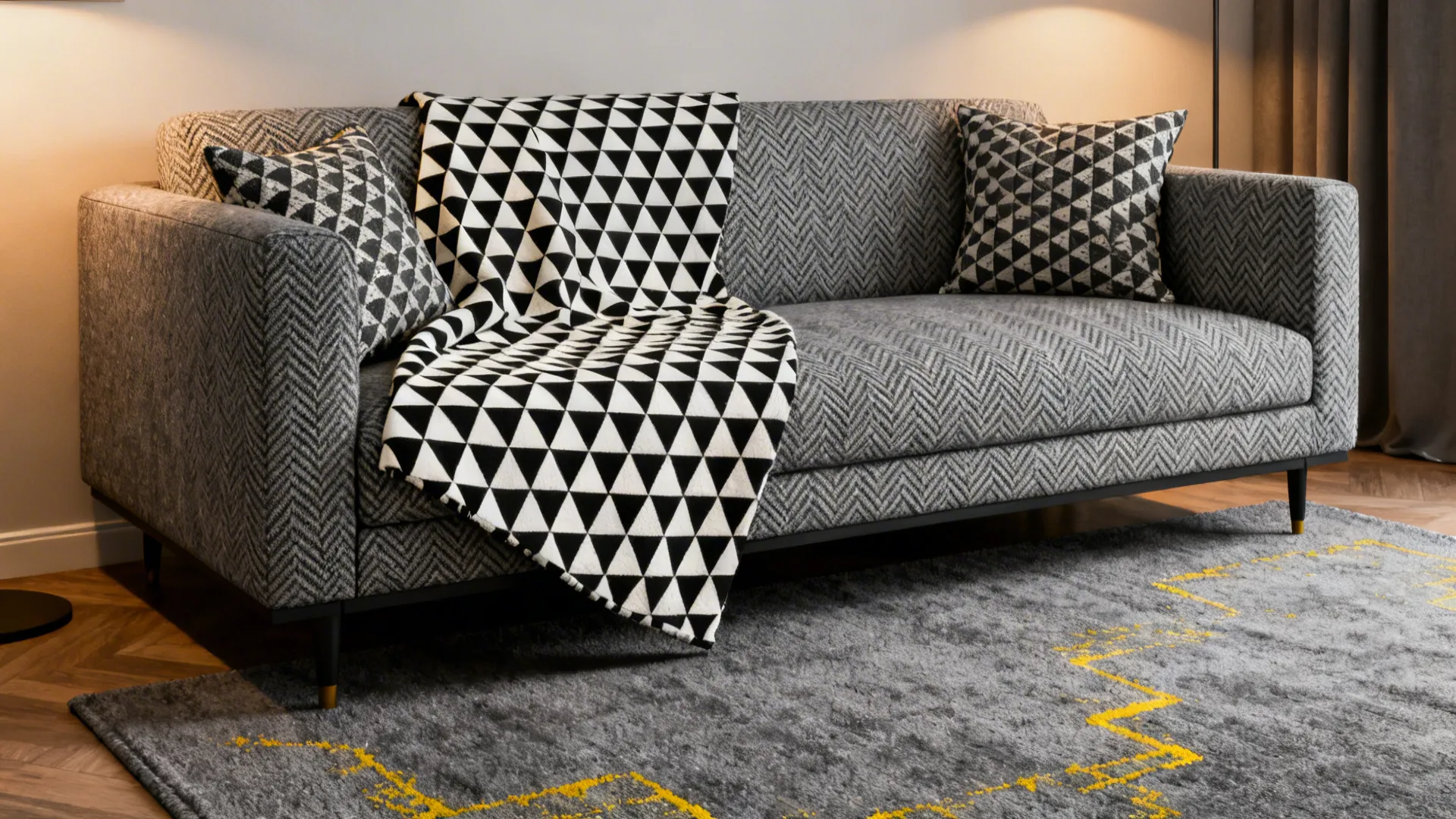 Grey sofa with triangle pattern blanket and pillows placed on a grey rug with yellow lines