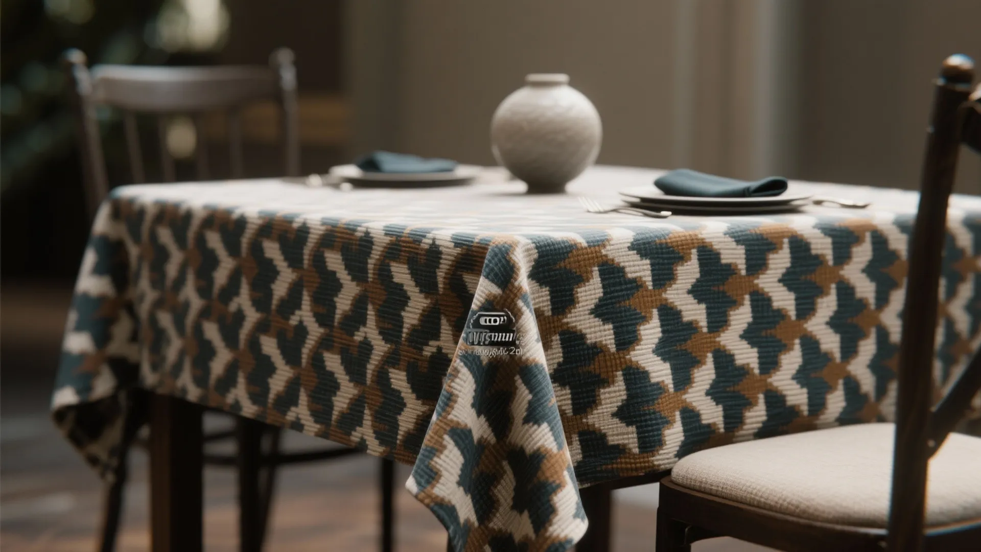 Dining table with patterned tablecloth, white vase, plates with napkins, and dark wooden chairs nearby