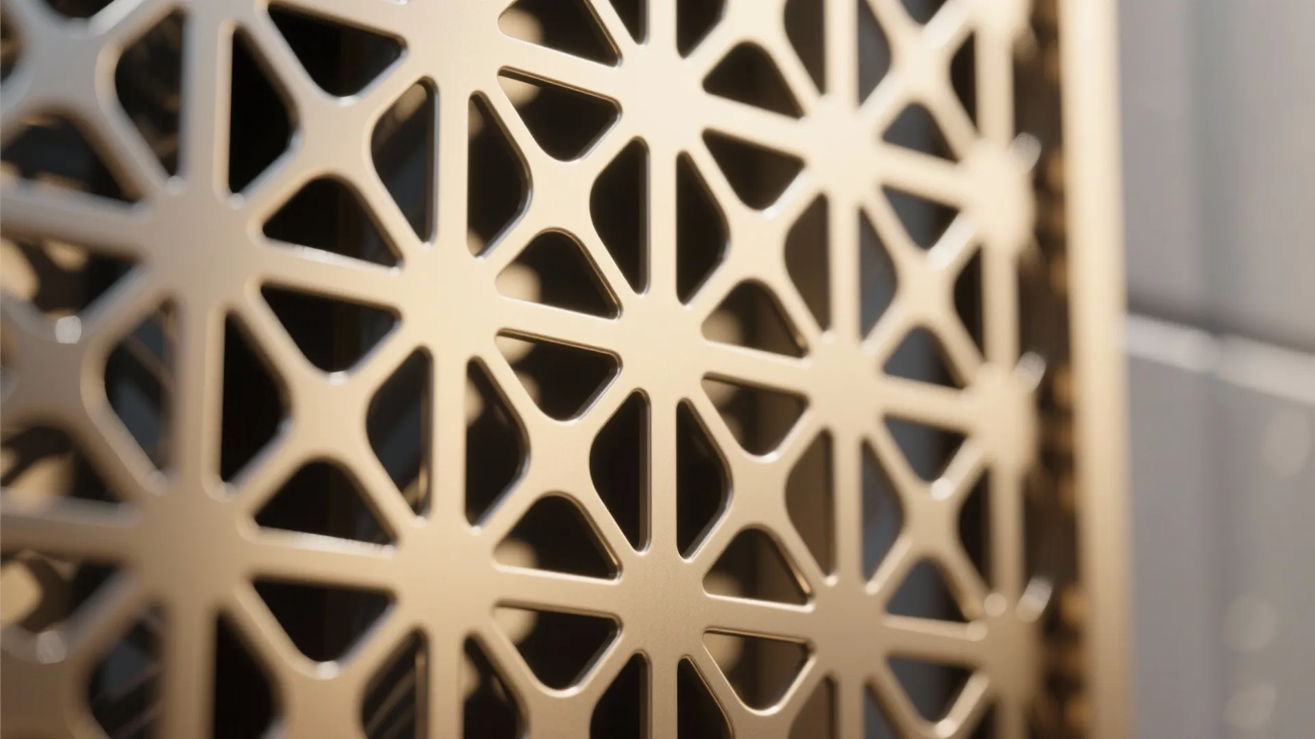 Close up view of a golden metal screen with a repeating geometric star shaped pattern