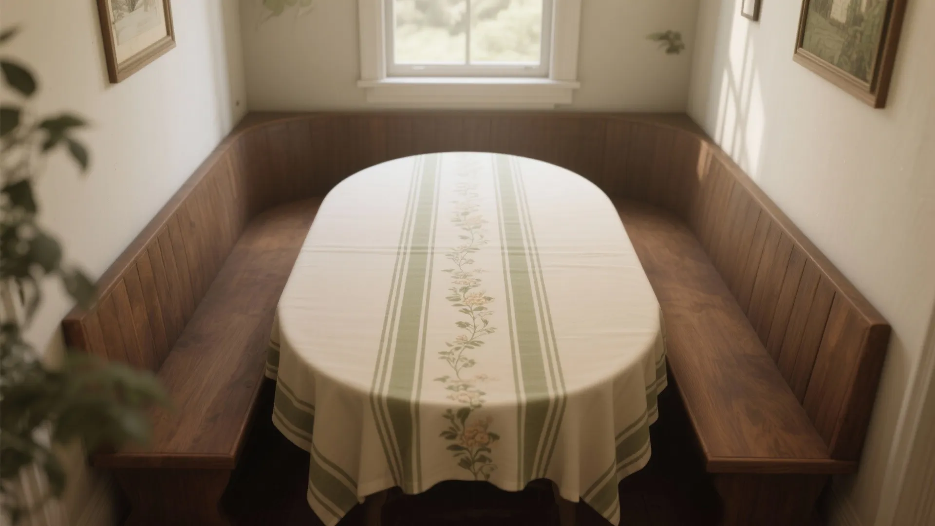 Oval dining table with floral pattern tablecloth inside a wooden booth near a bright window