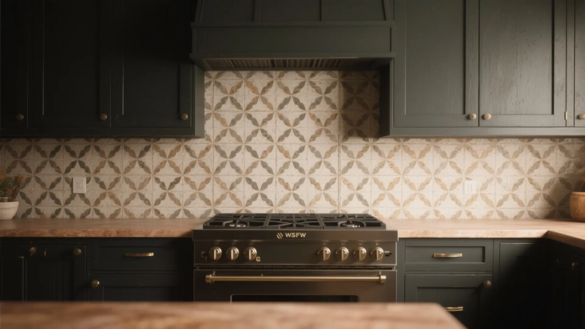 Dark green kitchen cabinets with patterned wall tiles gas stove and warm wood countertop finish