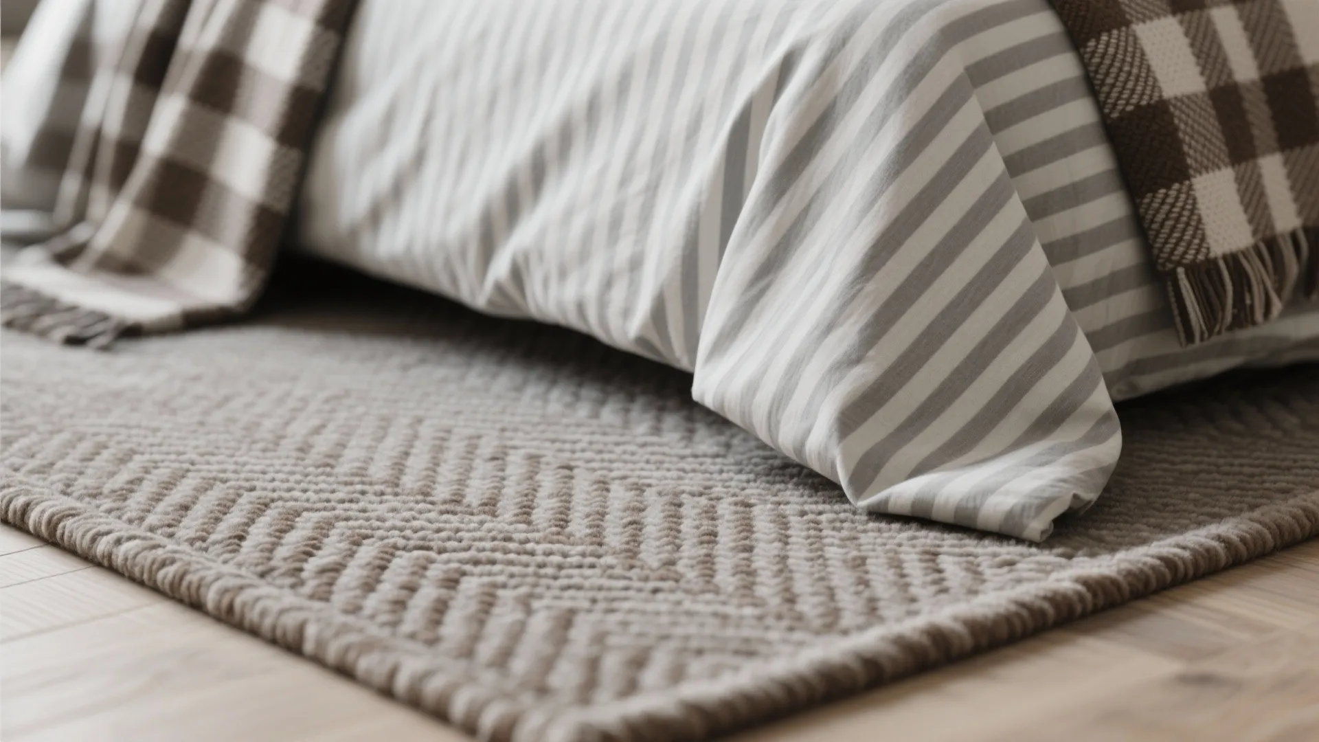 Close up of striped bed sheets and brown patterned rug placed on light wooden floor