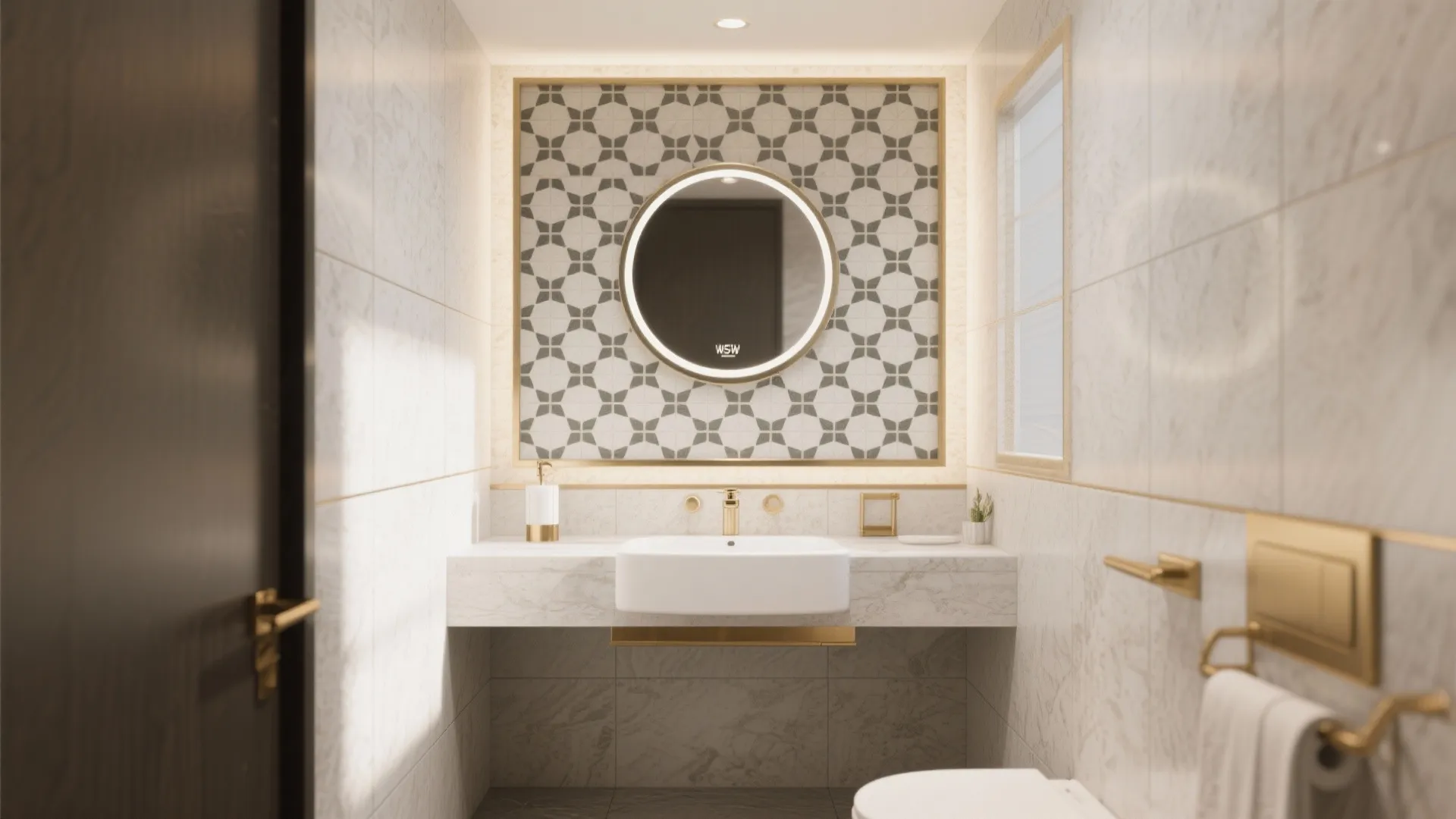 Luxury bathroom with round backlit mirror, patterned wall tiles, gold fixtures, and white marble walls