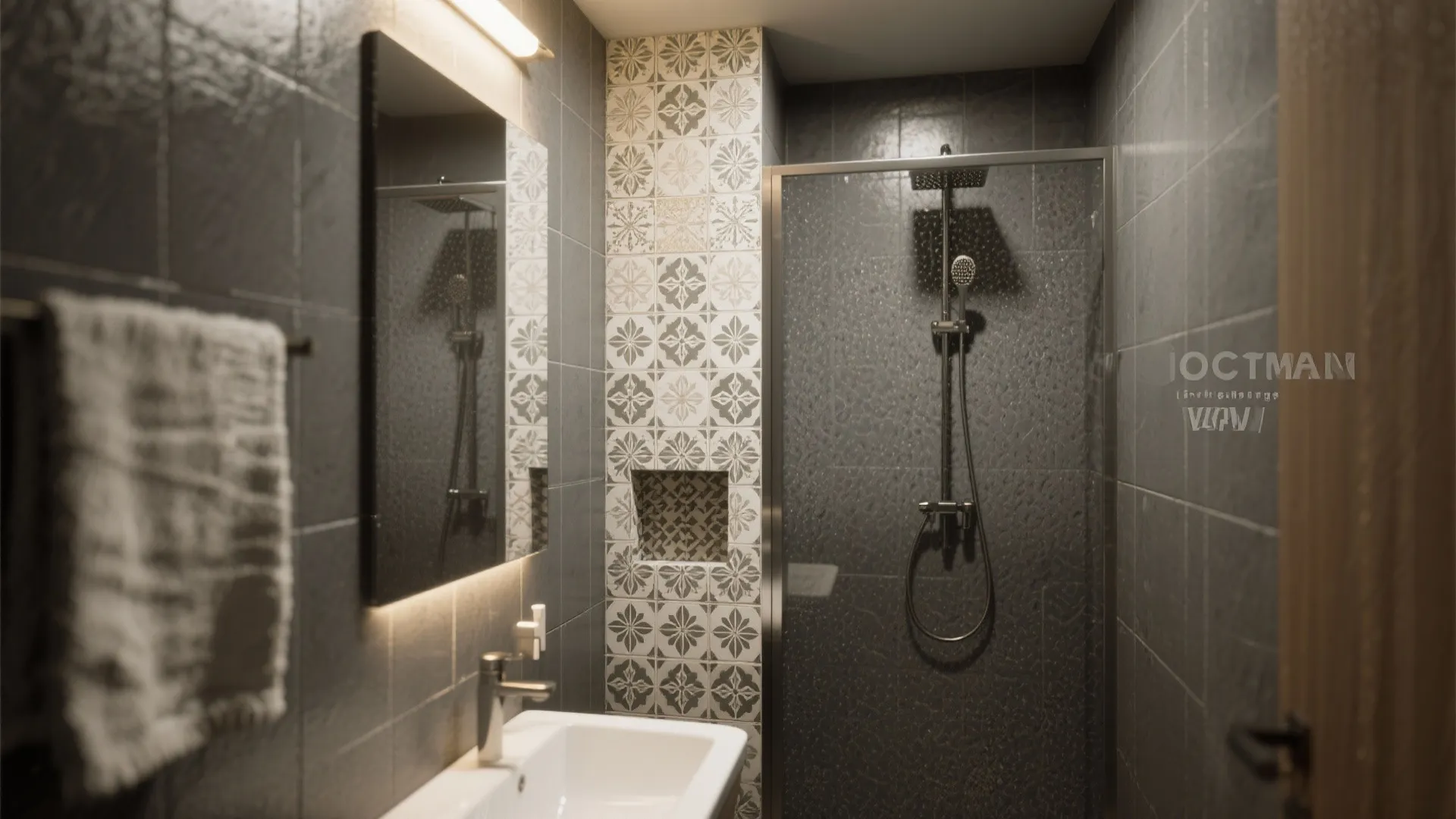Dark grey bathroom with a slim vertical patterned tile strip behind the mirror as a focal point.