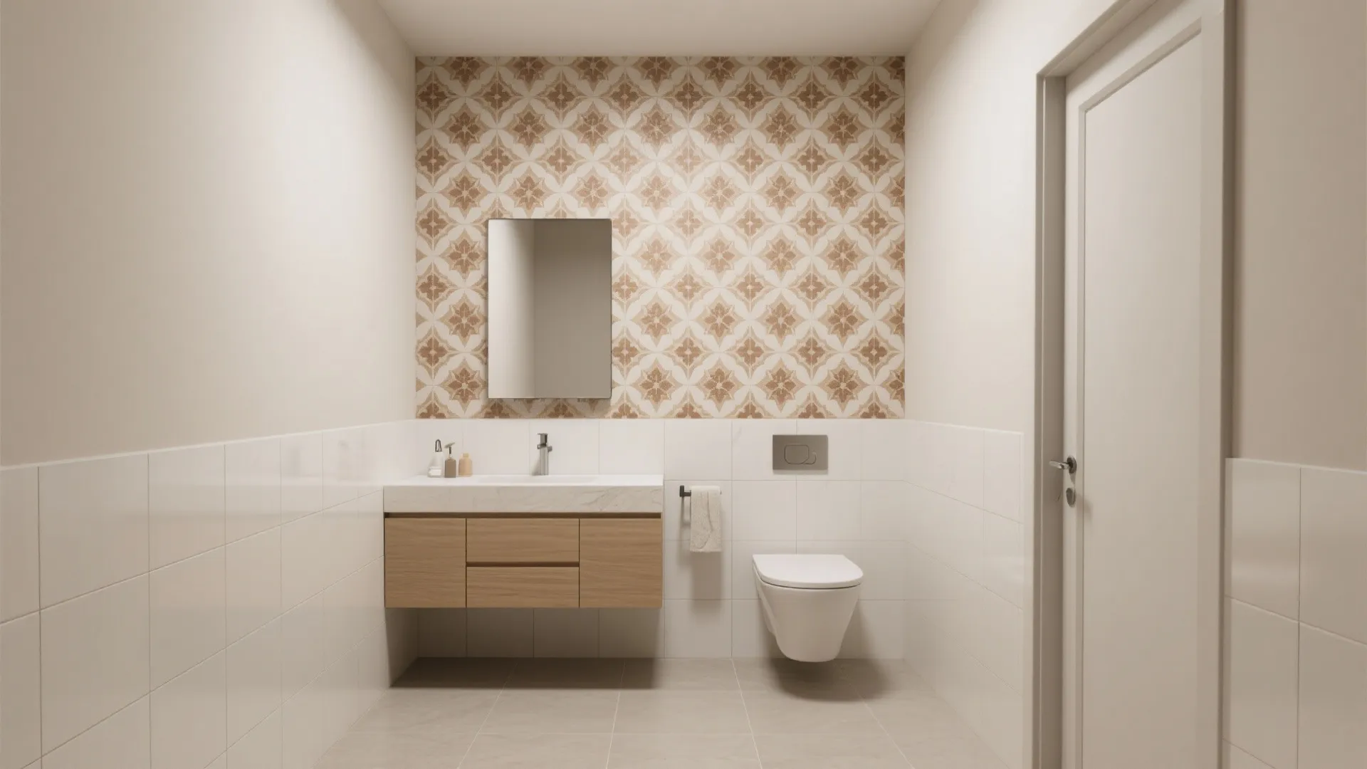 Compact bathroom with a muted geometric patterned feature wall behind the mirror.