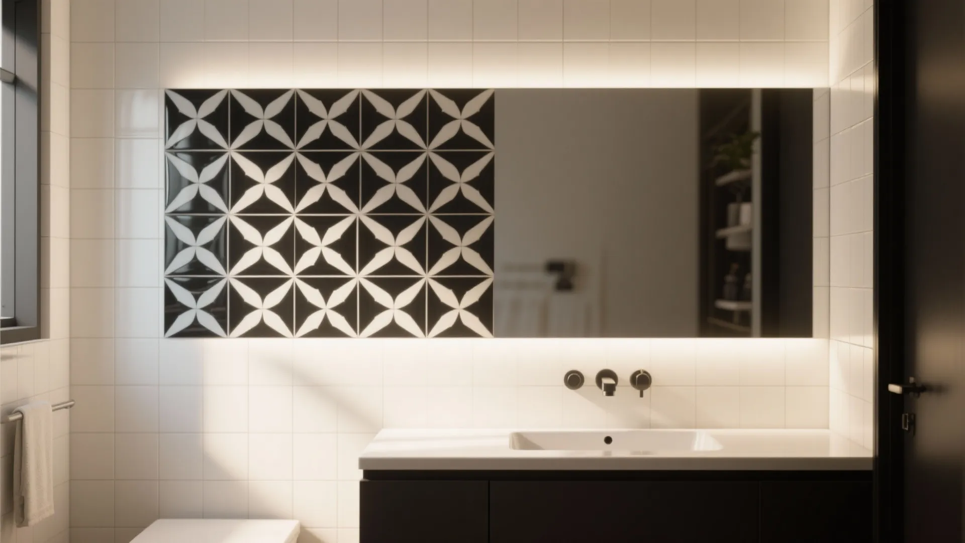 Vanity with a bold black-and-white patterned tile feature wall creating a focal point.