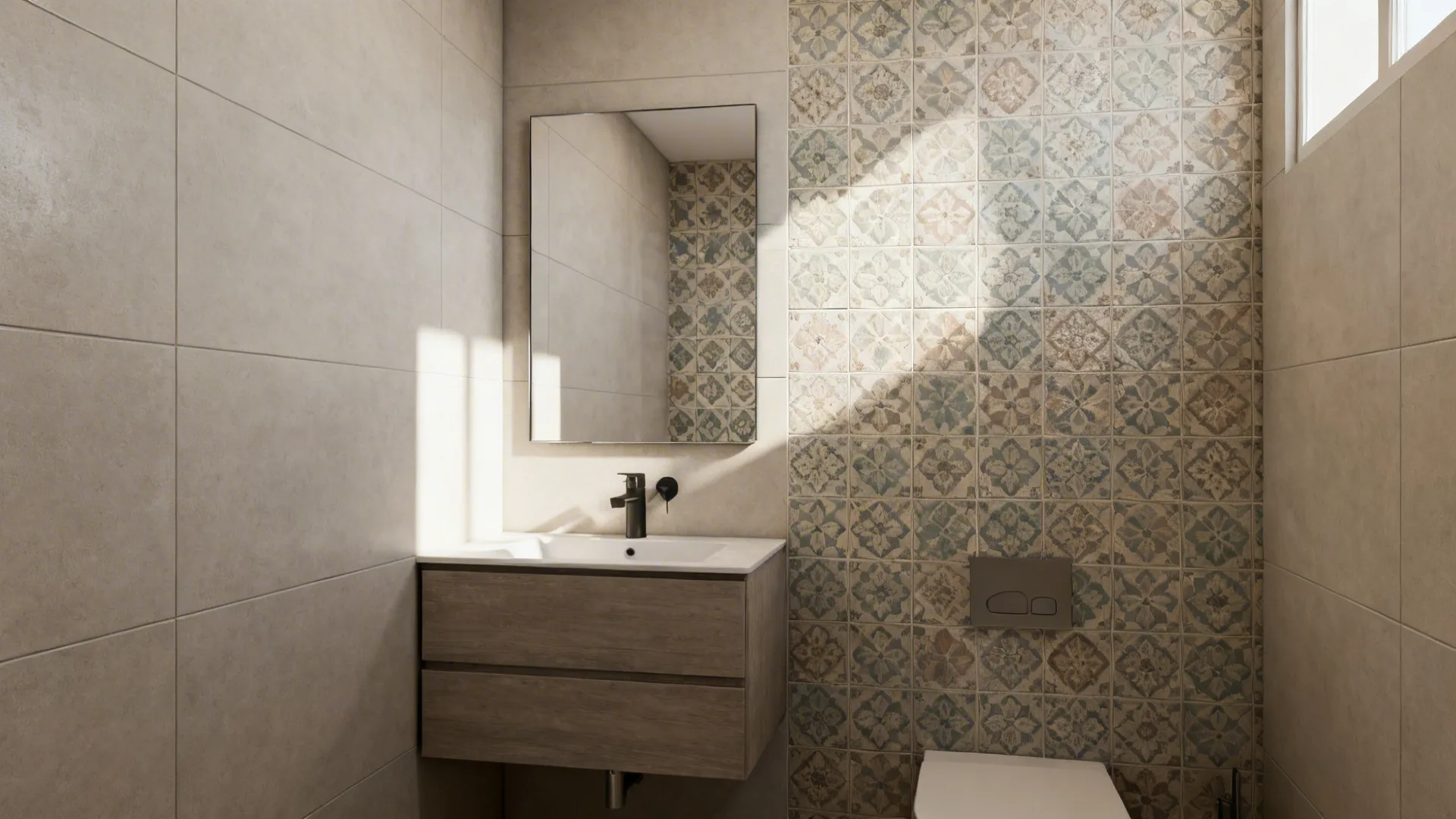 Small bathroom with a patterned tile feature wall behind the vanity creating a focal point.