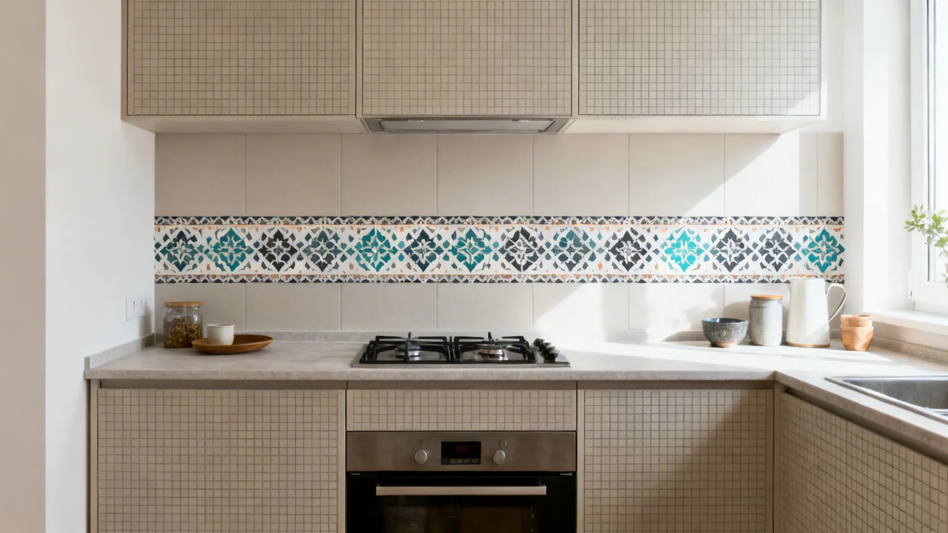Small kitchen with a slim Moroccan-pattern backsplash stripe as a focal point.