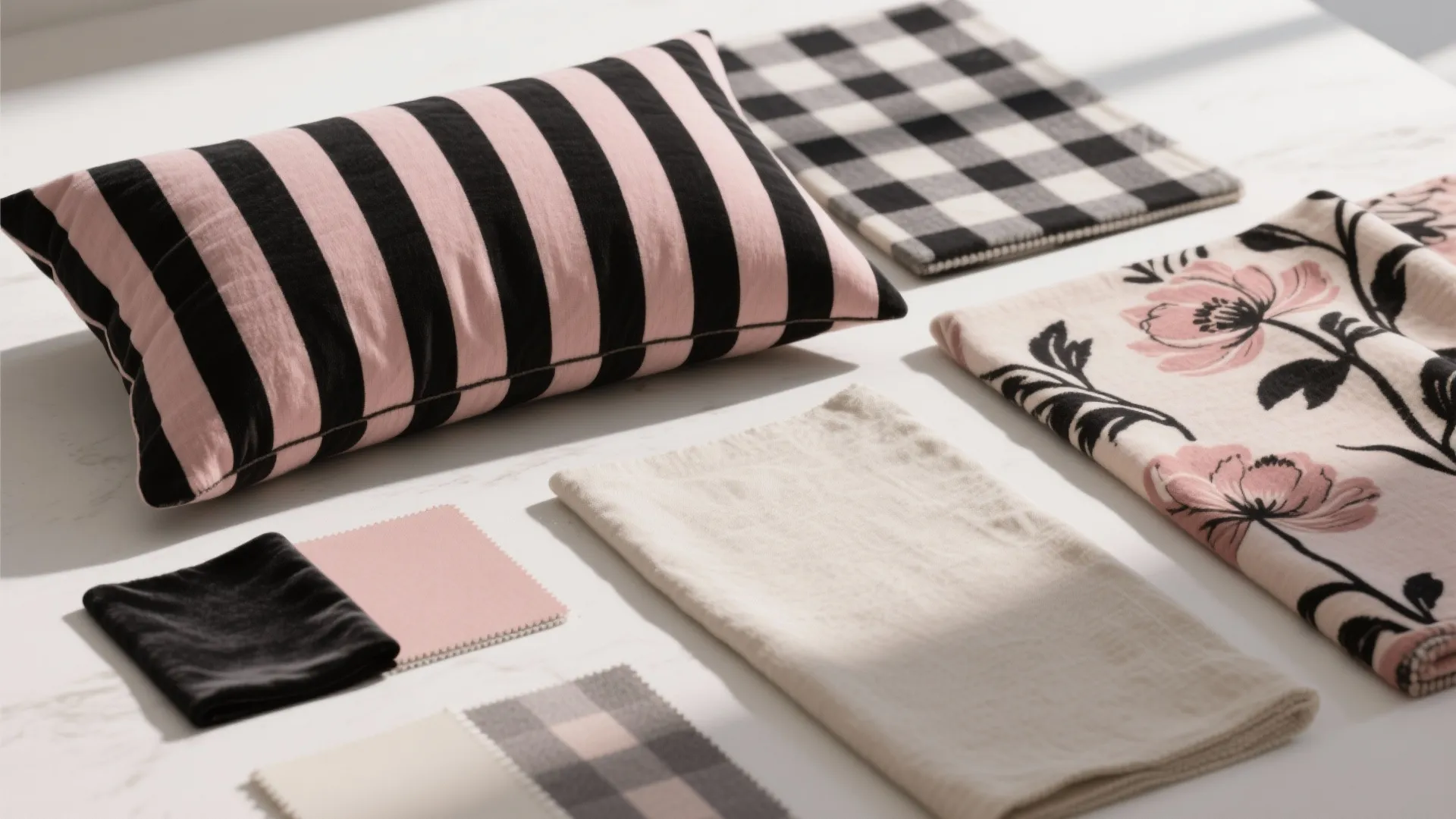 Collection of striped pink pillow checkered fabric floral cloth and neutral material swatches on table