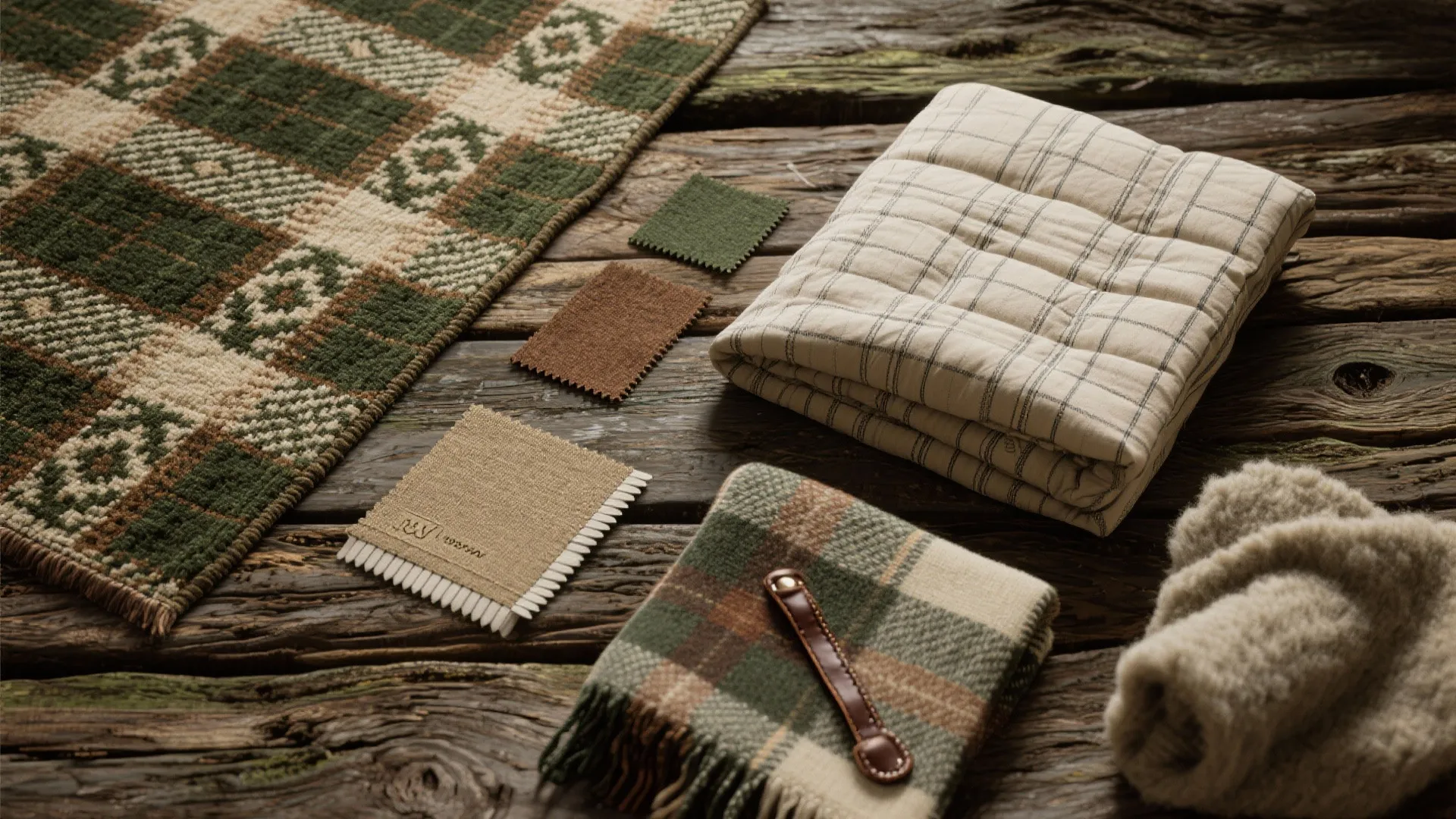 Flatlay of lodge textiles: plaid rug, pinstripe duvet, subtle check throw, leather trim, and wool swatches